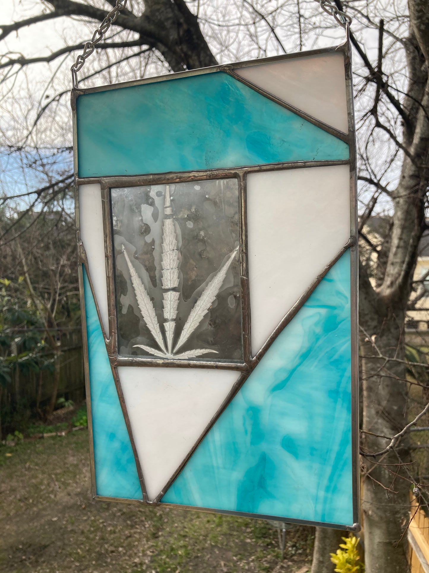 Blue Cannabis Stained Glass Panel