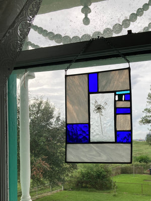Bee balm White and Blue Stained Glass Panel