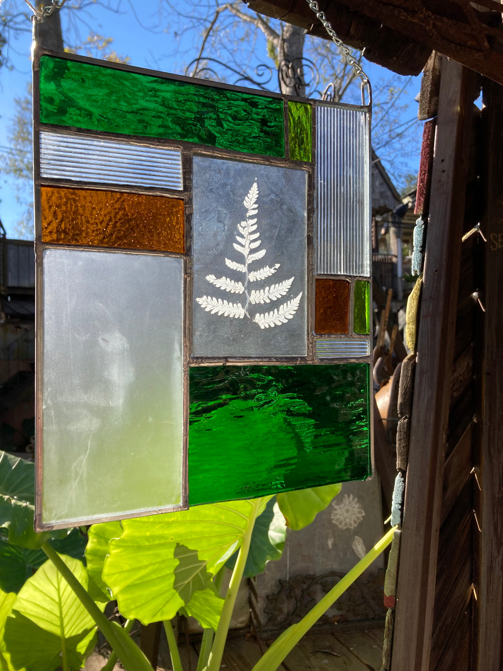 Green and Amber Fern Stained Glass Panel