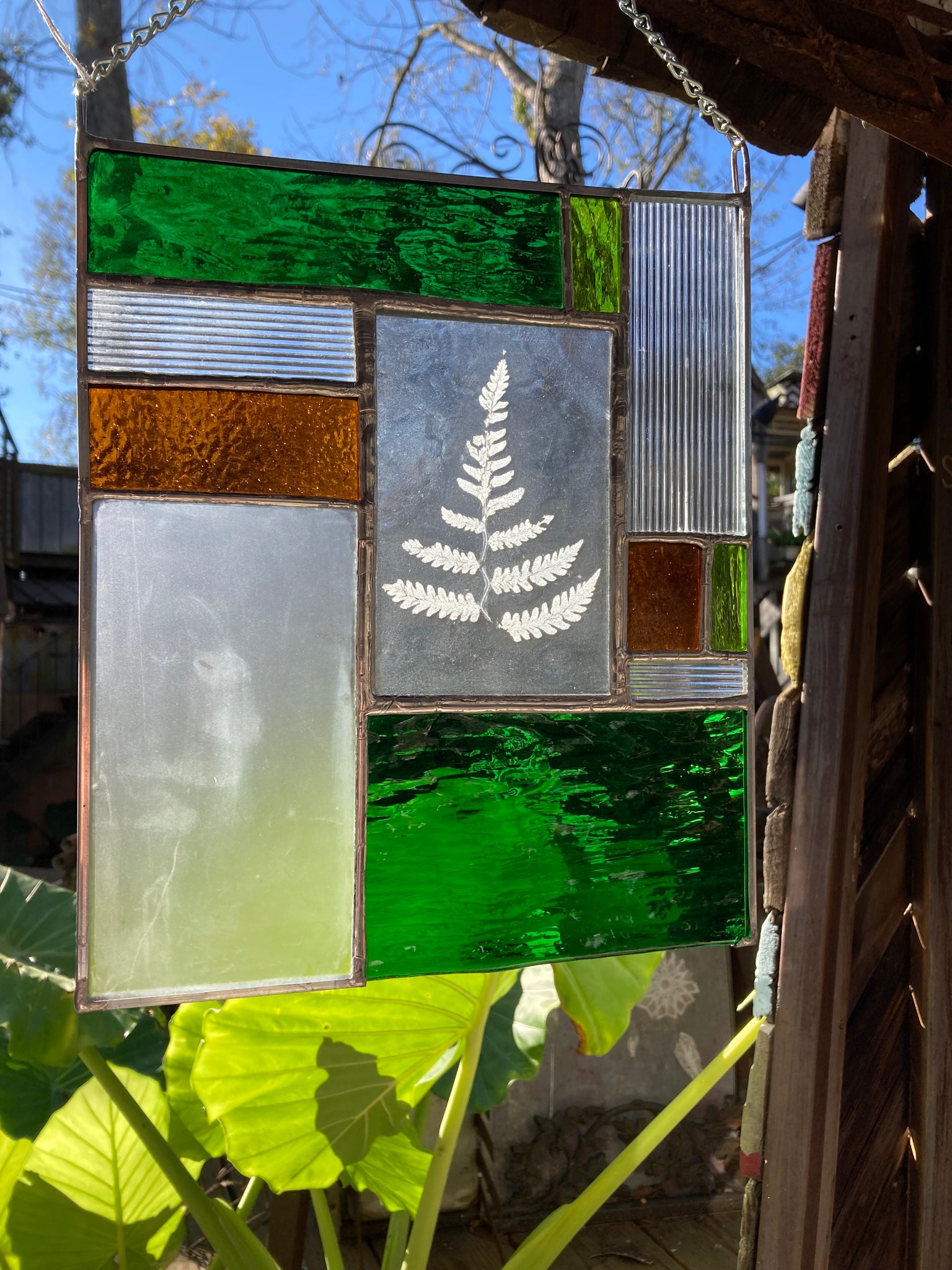 Green and Amber Fern Stained Glass Panel