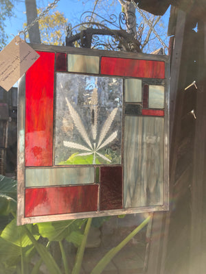 Red and Grey Cannabis Stained Glass Panel