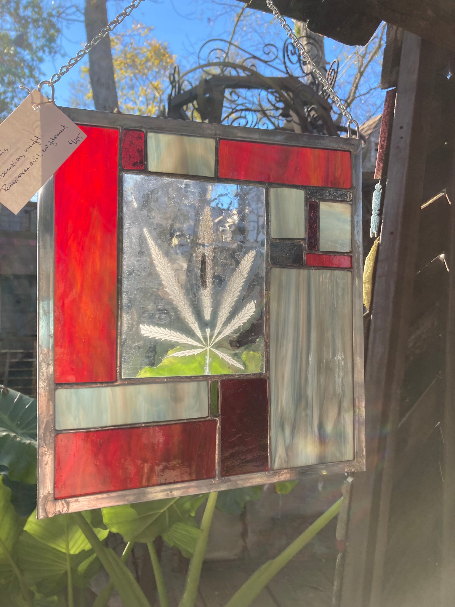 Red and Grey Cannabis Stained Glass Panel