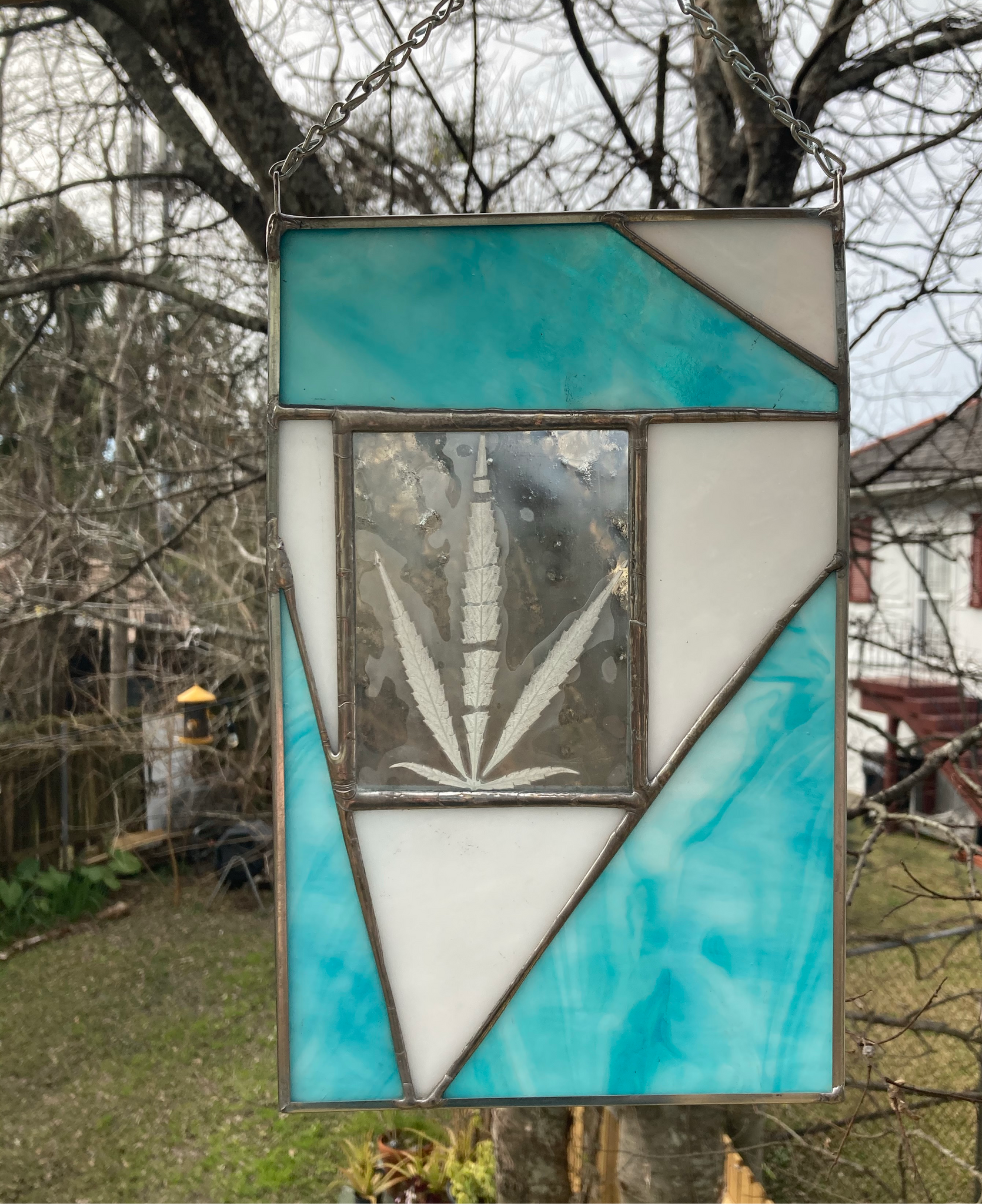 Blue Cannabis Stained Glass Panel