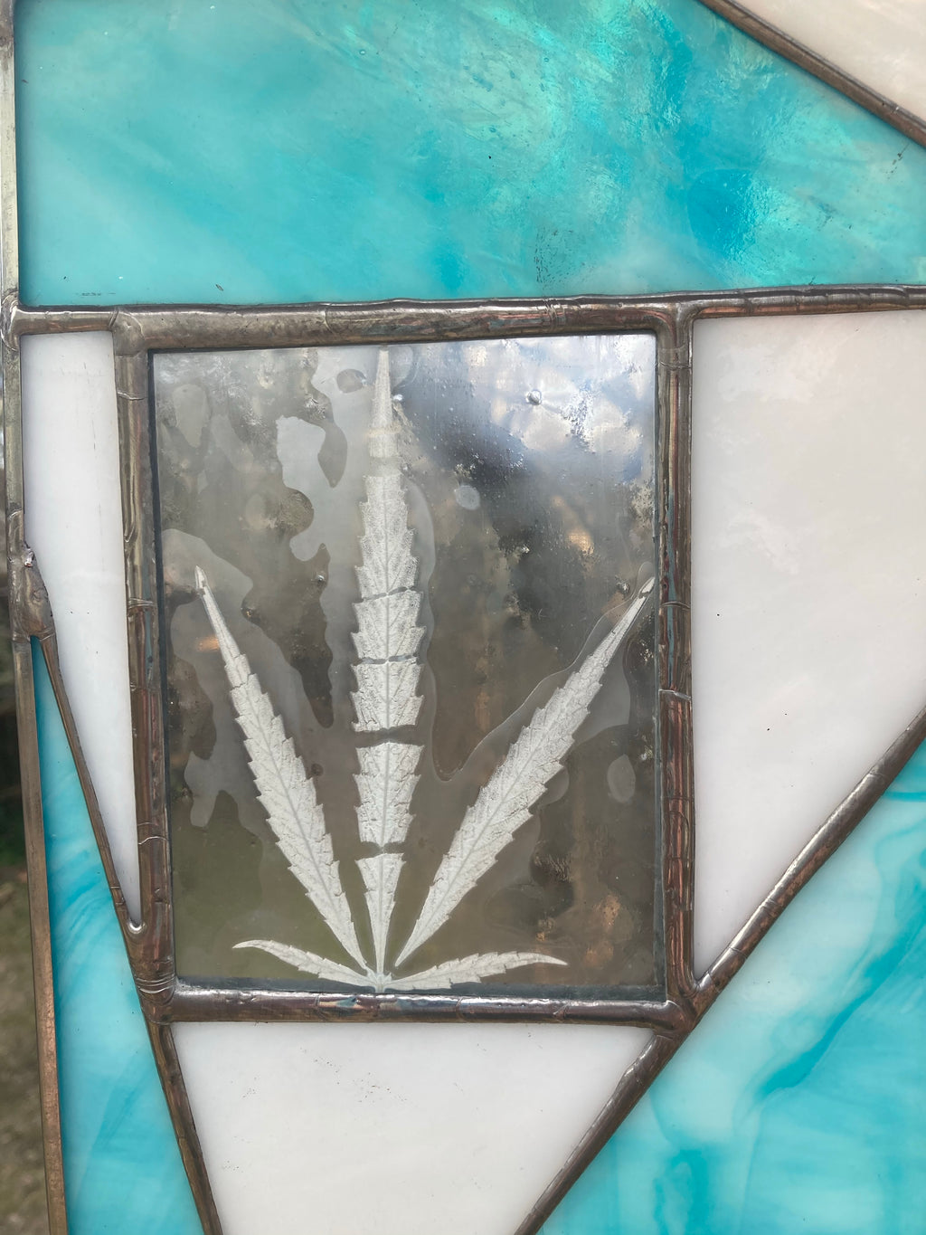 Blue Cannabis Stained Glass Panel